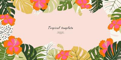 Tropical template for poster, card, cover, label, background, banner in modern minimalist style and simple summer design templates with flowers and plants. vector