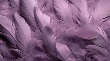 Generative AI, Beautiful lavender, purple color closeup feathers, photorealistic background. Small fluffy violet feathers randomly scattered forming photo