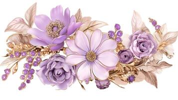, beautiful light violet, lavender color flowers brooch, opal stone and golden color palette isolated on white background. Bijouterie, jewelry close up photo