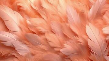 Generative AI, Beautiful light orange, apricot color closeup feathers, photorealistic background. Small fluffy orange feathers randomly scattered forming photo