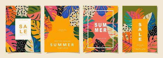 Summer template set for poster, card, cover, label, banner in modern minimalist style and simple summer design templates with tropical leaves, flower, and plants. vector