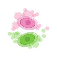 vector flat illustration - pink and green toilet soap with foam from soap bubbles. Toiletries for hand hygiene