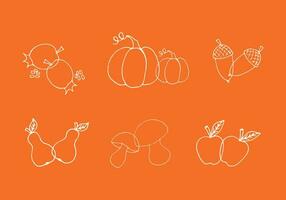 doodle icons set of outline vegetables and fruits pumpkin, pomegranate, apple, pear, acorn, mushrooms - vector illustration, autumn design elements, white line on orange background