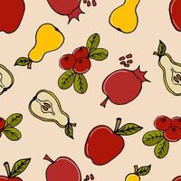 seamless pattern colored doodle fruits apples, pears, pomegranates and cranberries on light pink - autumn background, vector illustration. For packaging, textiles, wallpapers, web design