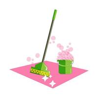 vector flat illustration - cleaning, mopping, mop and bucket with detergent and foam from soap bubbles