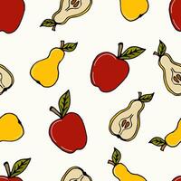 seamless pattern colored doodle fruits apples and pears on white - summer and autumn background, vector illustration. For packaging, textiles, wallpapers, web design