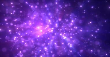 Abstract purple energy particles and dots glowing flying sparks festive with bokeh effect and blur background photo