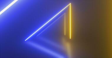 Abstract triangle tunnel neon blue and yellow energy glowing from lines background photo