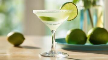 , margarita cocktail on the table in the white kitchen with lime. Alcoholic drink photo