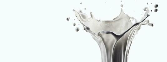 Generative AI, Flowing liquid with splashes in white color. Glossy creamy milk fluid banner, 3D effect, modern macro photorealistic abstract background illustration.. photo