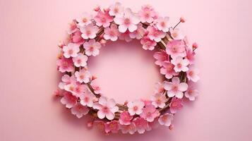 Generative AI, wreath of little light pink cherry sakura flowers with copy space, natural organic floral frame photo