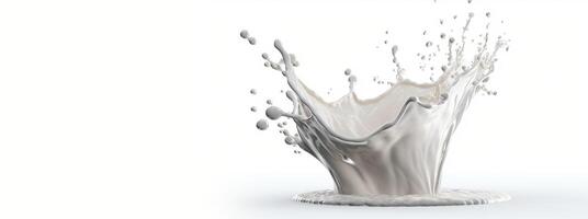 , Flowing liquid with splashes in white color. Glossy creamy milk fluid banner, 3D effect, modern macro photorealistic abstract background illustration photo
