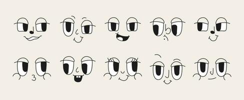 Cartoon retro eyes, mouths and noses. Groovy faces of the 70s in black and white colors. Vector illustration