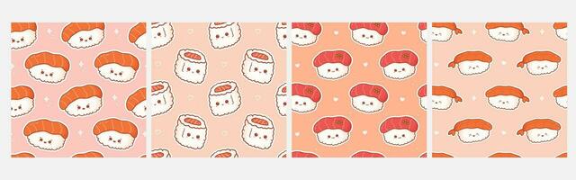 conjunto de kawaii sin costura patrones con Sushi con contento rostro. linda huellas dactilares asiático comida en dibujos animados estilo para teléfono caso, antecedentes, moda, envase papel y textil. vector ilustración