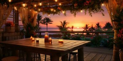 Generative AI, Tropical summer sunset beach bar background. Outdoor restaurant, Led light candles and wooden tables, chairs under beautiful sunset sky, sea view. photo