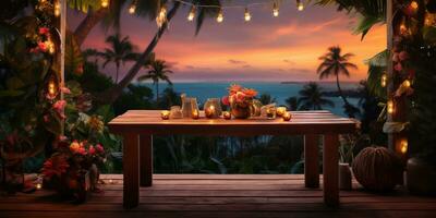 Generative AI, Tropical summer sunset beach bar background. Outdoor restaurant, Led light candles and wooden tables, chairs under beautiful sunset sky, sea view. photo