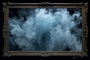 , Blue flowing smoke around empty vintage beautiful frame. Copy space, frame mock up blank photo