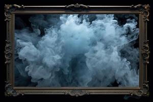 Generative AI, Blue flowing smoke around empty vintage beautiful frame. Copy space, frame mock up blank photo