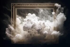 Generative AI, White powder splash and smoke around empty vintage beautiful frame. photo