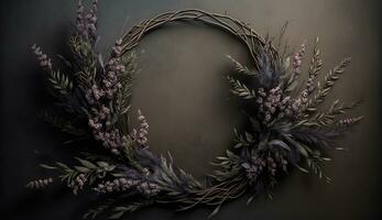 Generative AI, Close up of blooming flowerbeds of amazing lavender purple flowers wreath on dark moody floral textured background, copy space. photo