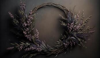 Generative AI, Close up of blooming flowerbeds of amazing lavender purple flowers wreath on dark moody floral textured background, copy space. photo