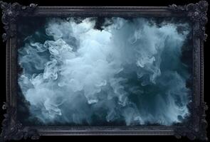 Generative AI, Blue flowing smoke around empty vintage beautiful frame. Copy space, frame mock up blank photo