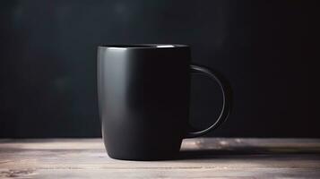 Generative AI, Black ceramic cup set-up in at home interior, mug mock up blank. photo