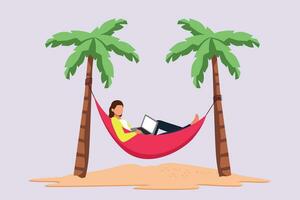 Freelancer working from home or beach at relaxed pace, convenient workplace concept. Colored flat vector illustration isolated.