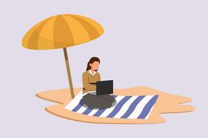 Freelancer working from home or beach at relaxed pace, convenient workplace concept. Colored flat vector illustration isolated.