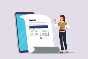 Freelancer filling invoice, distance job payroll, money transfer online, remote work payment, get salary on bank account concept. Colored flat vector illustration isolated.