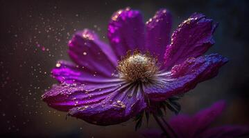 , Close up of blooming flowerbeds of amazing viva magenta flowers on dark moody floral textured background with golden particles. Photorealistic paint effect. photo