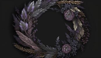 Generative AI, Close up of blooming flowerbeds of amazing lavender purple flowers wreath on dark moody floral textured background, copy space. photo