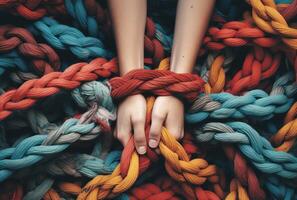 Generative AI, peoples hands working together to untangle a knotted rope. Business teamwork. photo