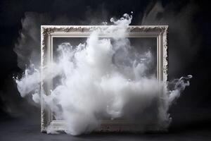 Generative AI, White powder splash and smoke around empty vintage beautiful frame. photo