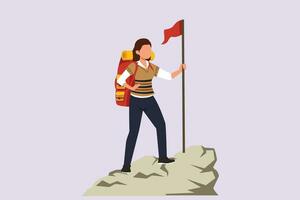 Traveler or explorer on mountain or valley concept. Colored flat vector illustration isolated.