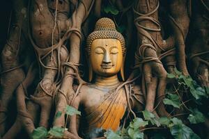 Ancient buddha statue under big tree. Generative AI photo