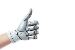A robot hand giving thumbs up isolated on white background photo
