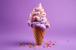 Colorful ice cream cone on purple background. Generative AI photo