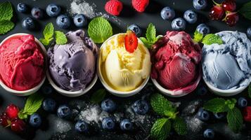 Various of ice cream flavor whit fresh blueberry, strawberry, kiwi, lemon, vanilla setup on rustic background. photo