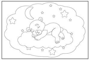 Cute sleeping teddy bear with a cloud in the shape of a moon. Teddy bear on a white background with stars . Vector illustration - coloring book for kids