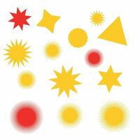 a set of yellow and red stars and suns, Brutalist bold geometric shapes. New modern elements, abstract minimalist art design swiss style. Vector illustration.