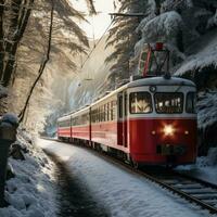 bernina Rápido pasa mediante el Nevado bosque, Suiza. generativo ai foto