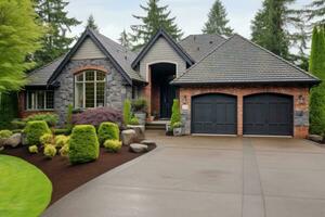 Luxury home exterior with brick and siding, double garage and large windows on facade. USA. Generative AI photo