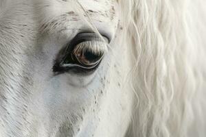 A close up view of the head and eye of an Andalusian horse. Generative AI photo