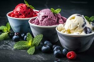 Various of ice cream flavor whit fresh blueberry, strawberry, kiwi, lemon, vanilla setup on rustic background. photo