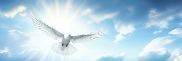 White dove with wings wide open in the blue sky air with clouds and sunbeams. Generative AI photo