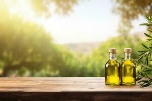 Old wooden product display table with natural green olive field and olive oil photo