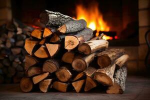 Stacked logs of firewood by the fireplace photo