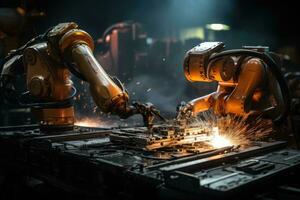 Welding robot arms weld the steel product, modern industrial production. photo