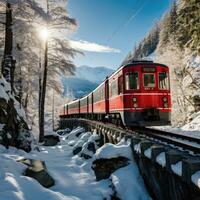 bernina Rápido pasa mediante el Nevado bosque, Suiza. generativo ai foto